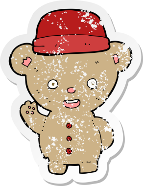 Bir insan tarafından çizilmiş şapkalı çizgi film ayısının gerilimli çıkartması.