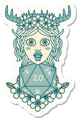 Bir insan tarafından çizilmiş nautral yirmilik zarlı bir Elf Druid karakterinin çıkartması.