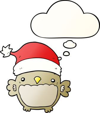 Bir insan tarafından çizilmiş yumuşak eğimli düşünce baloncuklu şirin noel baykuşu.