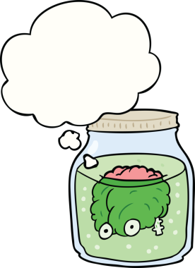 Kavanozda bir insan tarafından çizilmiş bir düşünce baloncuğu olan karikatür hayaleti beyni.