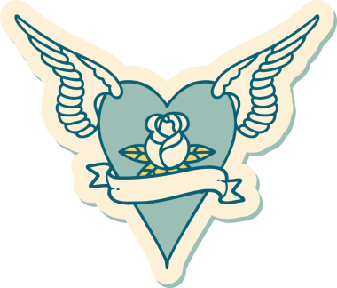 Geleneksel bir dövme stili. Uçan kalp. Çiçekler ve bir insan tarafından çizilmiş bayrak.