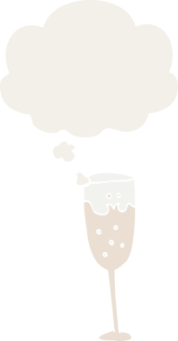 Düşünce baloncuklu karikatür şampanya bardağı bir insan tarafından çizilmiş.