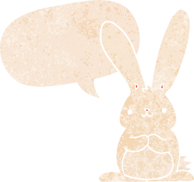 Konuşma baloncuğu olan çizgi film tavşanı bir insan tarafından çizilmiş dertli retro tarzı