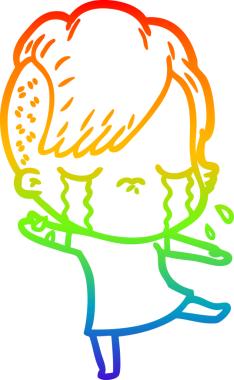 Gökkuşağının gradyan çizimi bir insan tarafından çizilmiş ağlayan bir kız çizgi filmi.