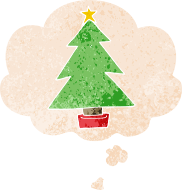 Düşünce baloncuğu olan karikatür noel ağacı grunge sıkıntılı retro dokuma tarzı bir insan tarafından çizilmiş