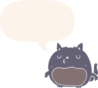 Konuşma baloncuğu olan çizgi film kedisi insan tarafından çizilmiş.