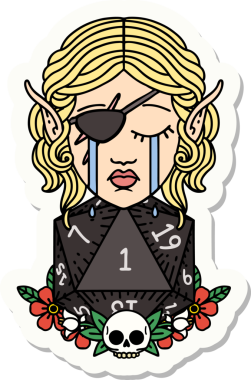 Ağlayan bir elf karakterinin çıkartması. İnsan tarafından çizilmiş doğal bir D20 yuvarlak yüzlü.