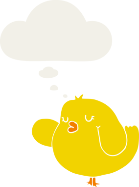 Düşünce baloncuğu olan çizgi film kuşu insan tarafından çizilmiş.