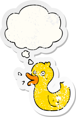 Düşünce balonuyla ördek vaklayan çizgi film insan tarafından çizilmiş yıpranmış bir çıkartma gibi.