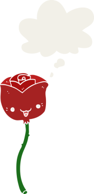 Düşünce baloncuğu olan karikatür çiçeği insan tarafından çizilmiş.