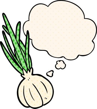 Çizgi roman tarzında bir insan tarafından çizilmiş düşünce baloncuklu sarımsak.