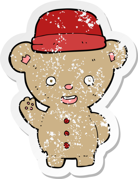 Bir insan tarafından çizilmiş şapkalı çizgi film ayısının gerilimli çıkartması.