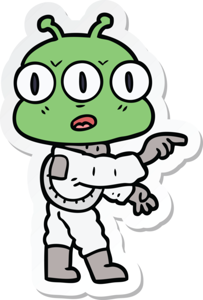 Çizgi film çıkartması. Bir insan tarafından çizilmiş üç gözlü uzaylı.