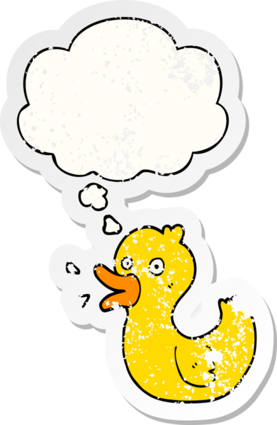 Düşünce balonuyla ördek vaklayan çizgi film insan tarafından çizilmiş yıpranmış bir çıkartma gibi.