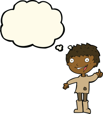 Bir insan tarafından çizilmiş düşünce baloncuğu olan heyecanlı çocuk.