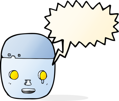 bir insan tarafından çizilmiş konuşma balonlu robot kafası.