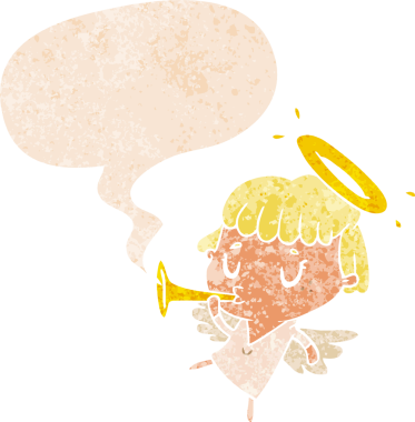 Bir insan tarafından çizilmiş grunge dertli retro tarzı konuşma baloncuğu ile çizgi film meleği