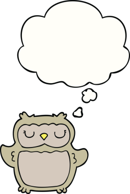 Bir insan tarafından çizilmiş düşünce baloncuklu çizgi film baykuşu