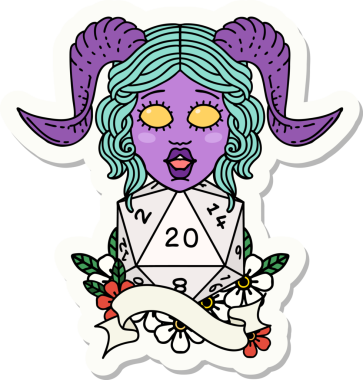 Bir insan tarafından çizilmiş doğal yirmi zarla yapıştırılmış bir etiket.