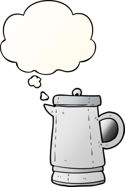 Bir insan tarafından çizilmiş yumuşak eğimli düşünce baloncuklu eski bir çaydanlık.