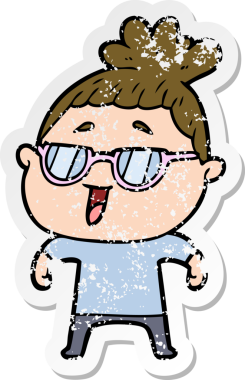 Bir insan tarafından çizilmiş gözlük takan mutlu bir kadının sıkıntılı çıkartması.