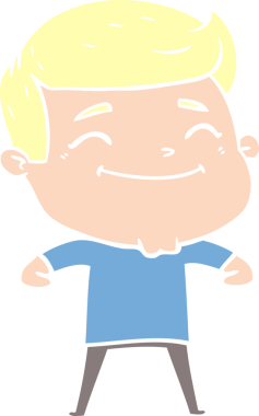 Bir insan tarafından çizilmiş mutlu düz renkli karikatür adam.