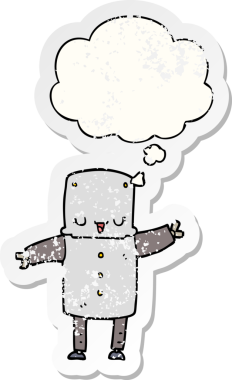 Düşünce baloncuğu olan karikatür robotu bir insan tarafından çizilmiş yıpranmış bir çıkartma.