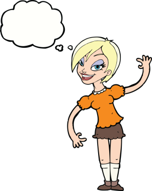 Bir insan tarafından çizilmiş düşünce baloncuğuyla el sallayan çizgi film kızı.