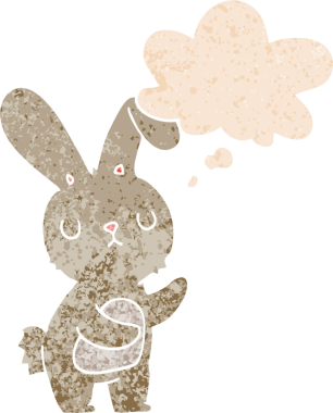 Homurdanan düşünce baloncuğu olan sevimli çizgi film tavşanı bir insan tarafından çizilmiş dertli retro tarzı.