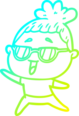 Bir insan tarafından çizilmiş gözlük takan mutlu bir kadının çizgi film çizimi.