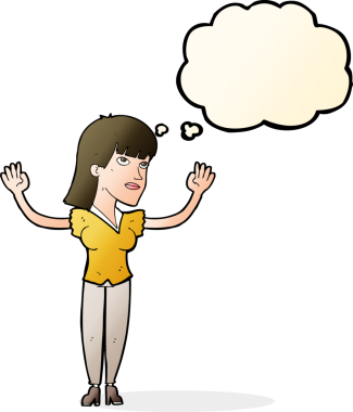 Çizgi filmdeki kadın bir insan tarafından çizilmiş düşünce balonuyla ellerini havaya kaldırıyor.