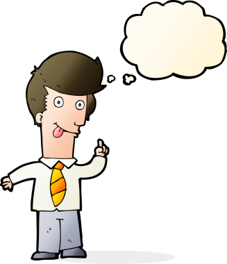 Bir insan tarafından çizilmiş düşünce baloncuğuyla çılgın bir fikri olan bir ofis adamı.