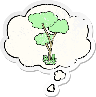 Düşünce baloncuğu olan çizgi film ağacı insan tarafından çizilmiş yıpranmış bir çıkartma gibi.