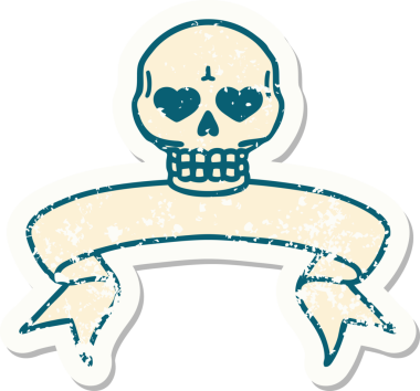 Bir insan tarafından çizilmiş kafatasının pankartıyla eski bir etiket.