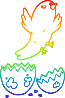 Bir insan tarafından çizilmiş yumurtadan çıkan bir karikatür kuşunun çizimi.