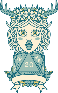 Retro Dövme Tarzı Elf Karakteri Bir insan tarafından çizilmiş doğal 20 zar ile