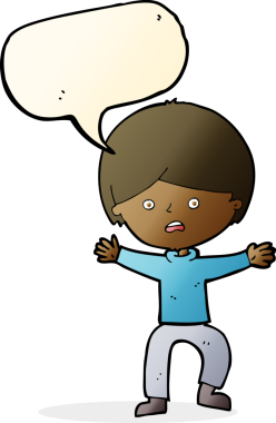 Bir insan tarafından çizilen konuşma baloncuğuyla panikleyen çizgi film çocuğu.