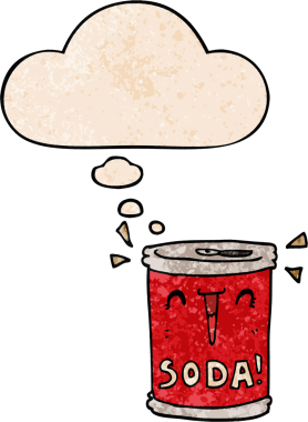 Bir insan tarafından çizilmiş grunge desenli düşünce baloncuklu karikatür soda kutusu.