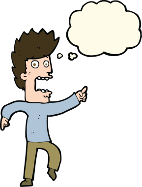 Bir insan tarafından çizilmiş düşünce baloncuğuyla dehşete düşmüş bir adam.