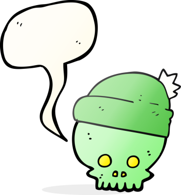 Bir insan tarafından çizilmiş serbest konuşma balonu karikatür kafatası şapka