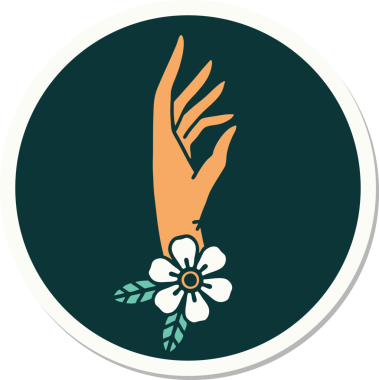 Bir insan tarafından çizilmiş geleneksel el ve çiçek stili dövme çıkartması.