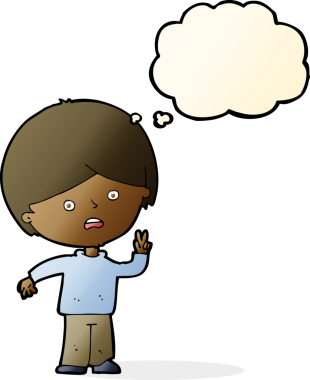 çizgi film mutsuz çocuk bir insan tarafından çizilmiş düşünce balonuyla barış işareti veriyor