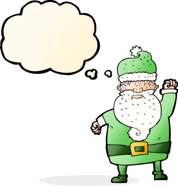 Bir insan tarafından çizilmiş düşünce baloncuklu kızgın Noel Baba çizgi filmi.