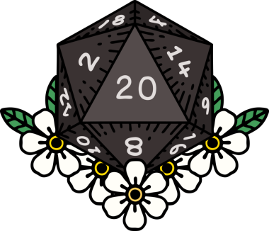 Retro Dövme Biçimi Doğal 20 D20 zar bir insan tarafından çizilmiş çiçek elementleriyle