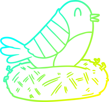 Bir insan tarafından çizilmiş yuvada oturan çizgi film kuşunun soğuk gradyan çizgisi.