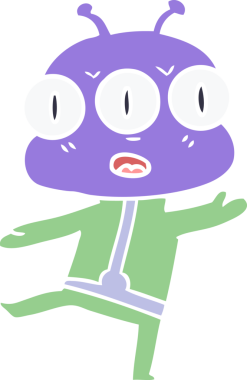 Düz renkli karikatür. Bir insan tarafından çizilmiş üç gözlü uzaylı.