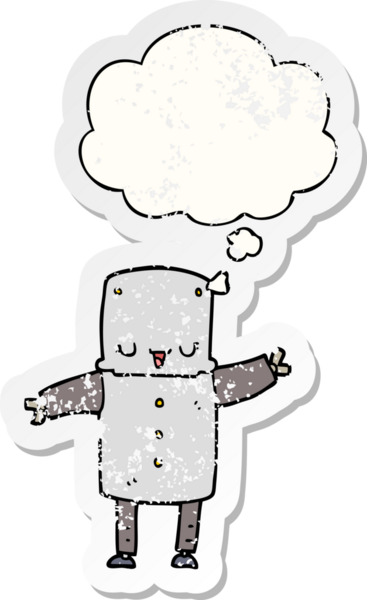 Düşünce baloncuğu olan karikatür robotu bir insan tarafından çizilmiş yıpranmış bir çıkartma.