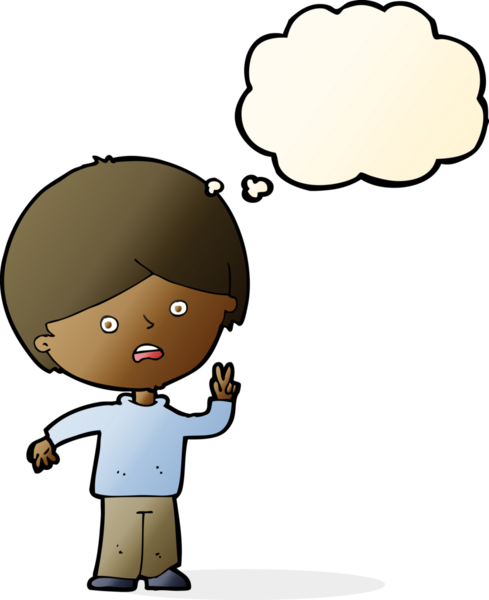 çizgi film mutsuz çocuk bir insan tarafından çizilmiş düşünce balonuyla barış işareti veriyor