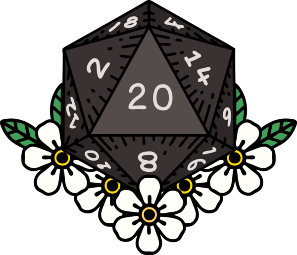 Retro Dövme Biçimi Doğal 20 D20 zar bir insan tarafından çizilmiş çiçek elementleriyle