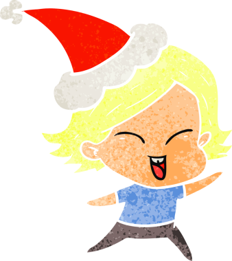 Bir insan tarafından çizilmiş Noel Baba şapkası takan bir kızın mutlu el çizimi karikatürü.